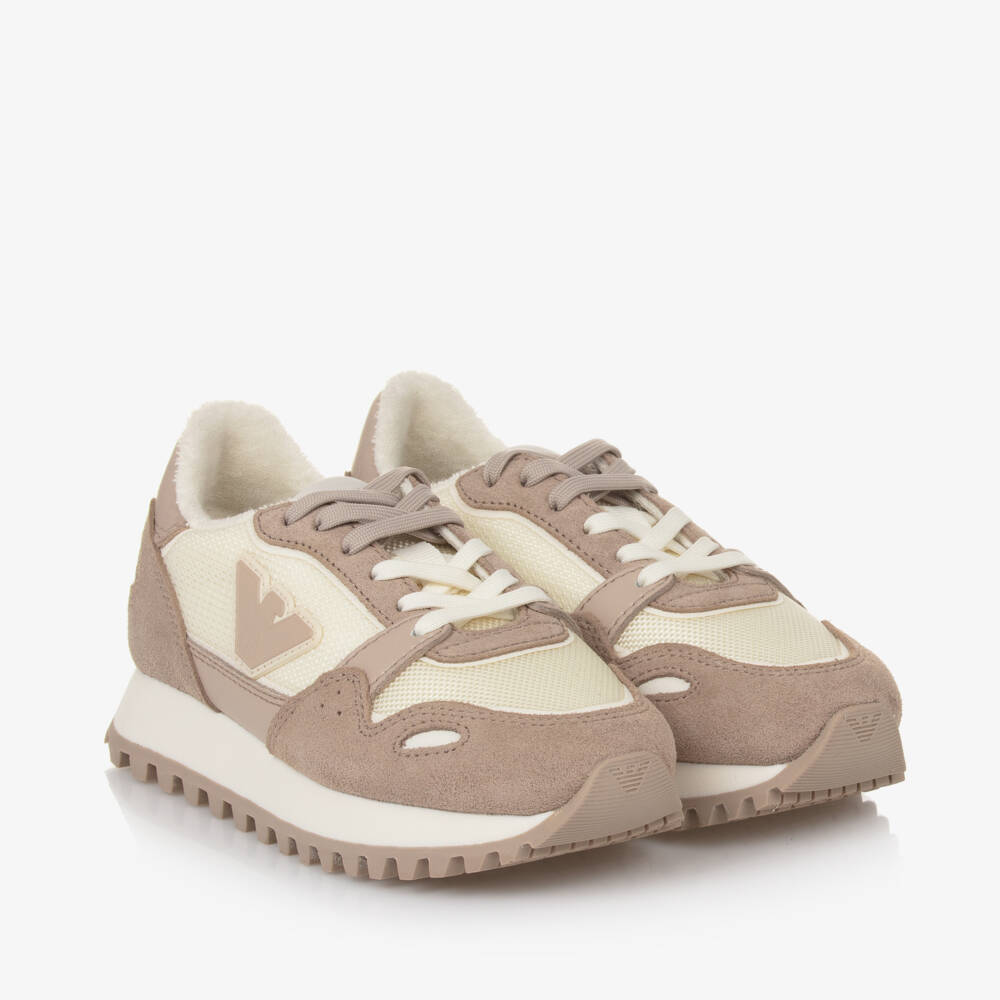 Emporio Armani-Boys Beige Leather Mesh Trainers | Childrensalon Outlet