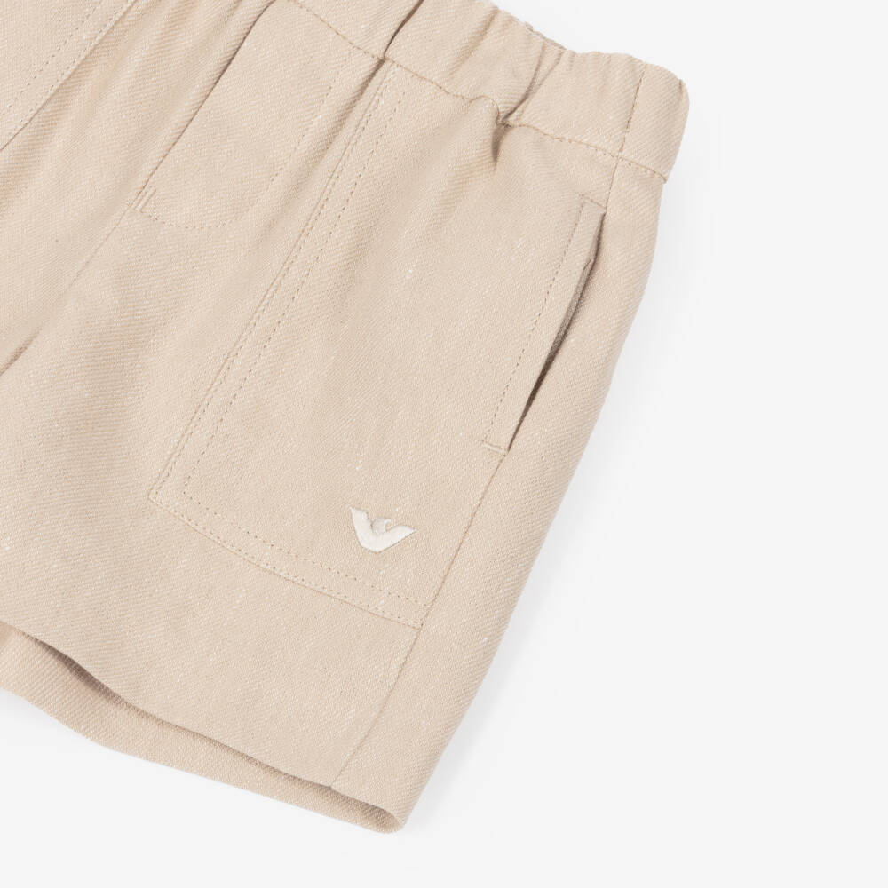 Emporio Armani-Boys Beige Linen & Cotton Eagle Logo Shorts | Childrensalon Outlet