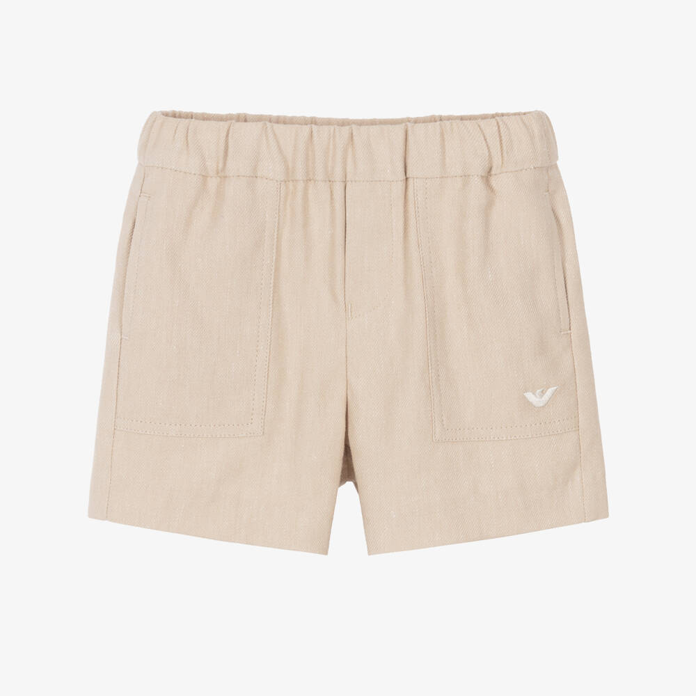 Emporio Armani-Boys Beige Linen & Cotton Eagle Logo Shorts | Childrensalon Outlet