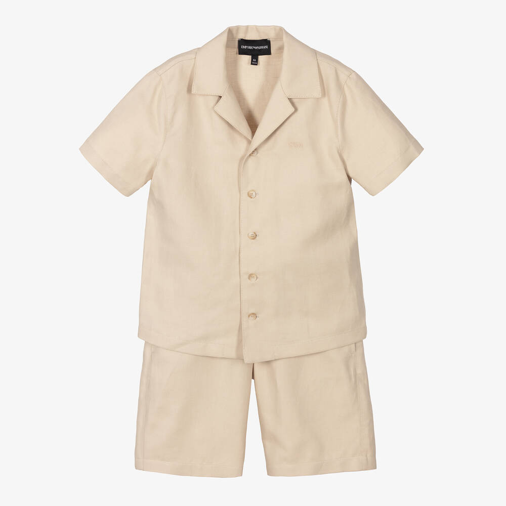 Emporio Armani - Бежевая рубашка и шорты из хлопка и льна | Childrensalon