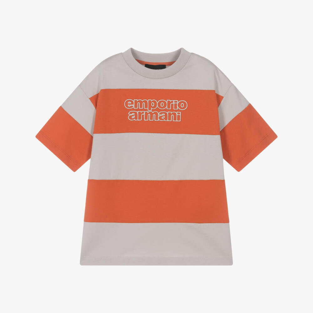 Emporio Armani-Boys Beige & Orange Stripe Cotton Logo T-Shirt | Childrensalon Outlet