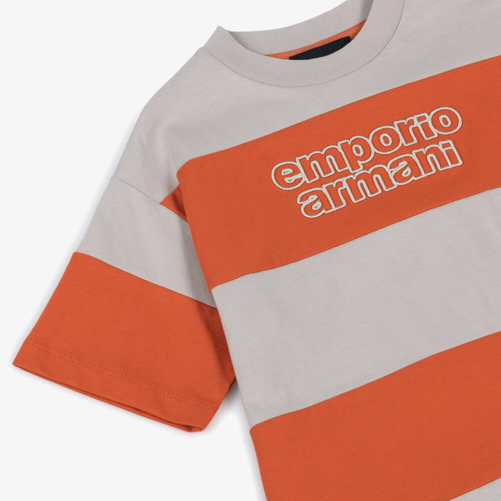 Emporio Armani-Футболка из хлопка с бежевыми и оранжевыми полосками для мальчиков | Childrensalon Outlet