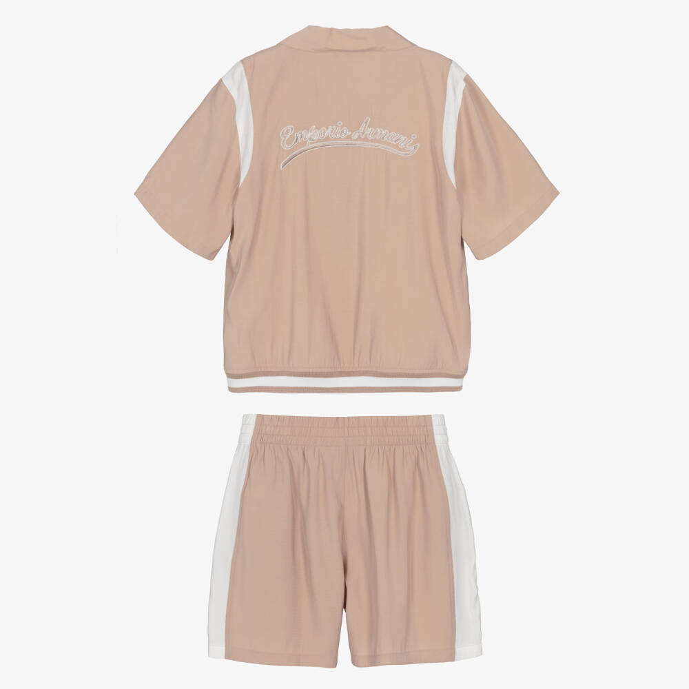 Emporio Armani-Boys Beige Shirt & Shorts Set with Logo Embroidery | Childrensalon Outlet