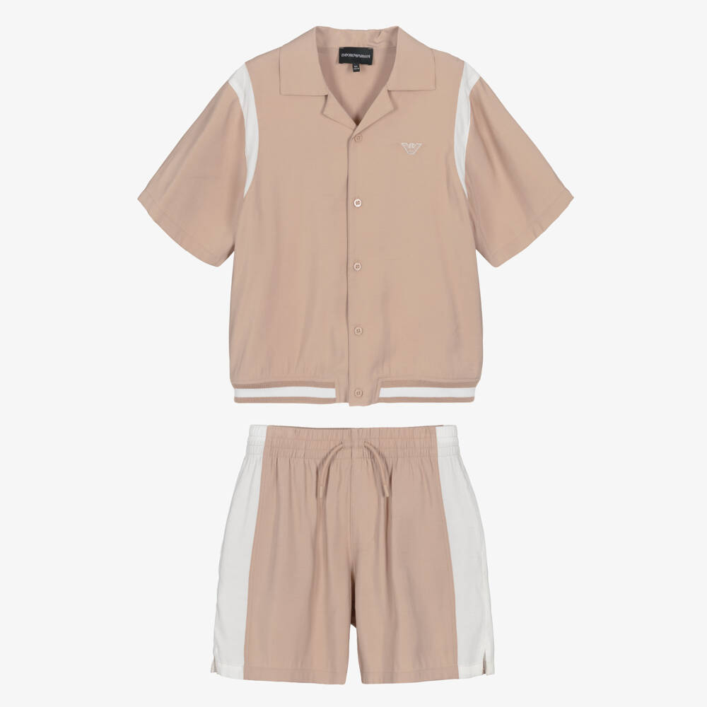 Emporio Armani-Boys Beige Shirt & Shorts Set with Logo Embroidery | Childrensalon Outlet