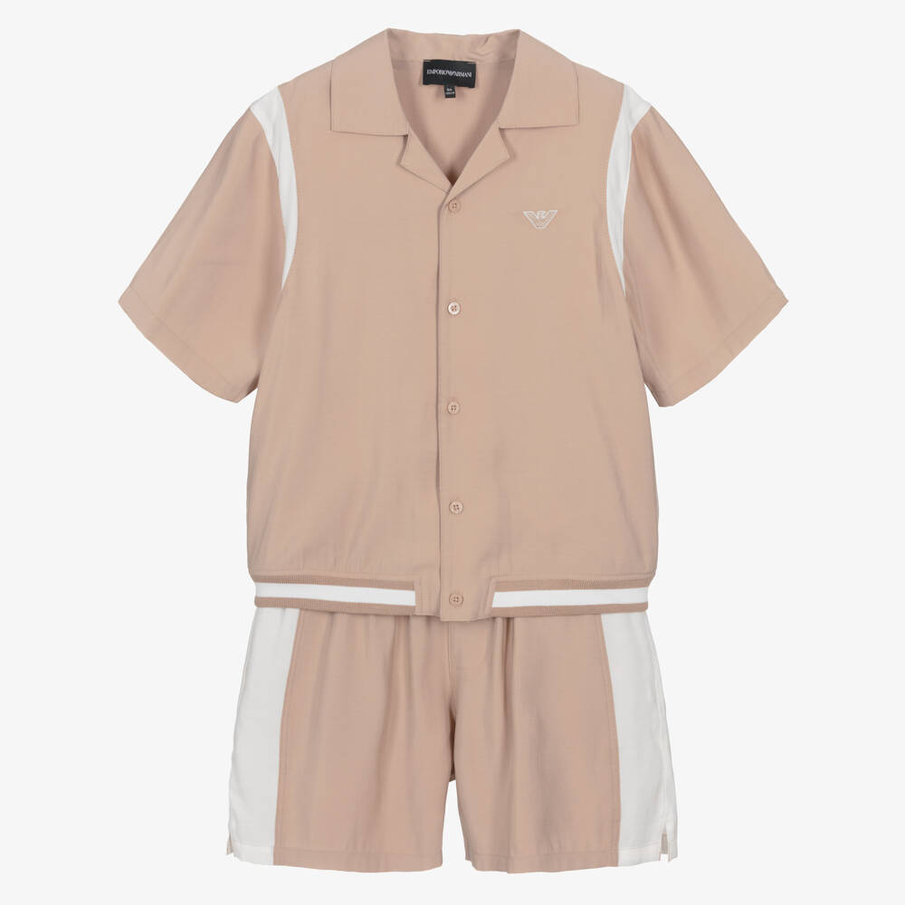 Emporio Armani-Boys Beige Shirt & Shorts Set with Logo Embroidery | Childrensalon Outlet