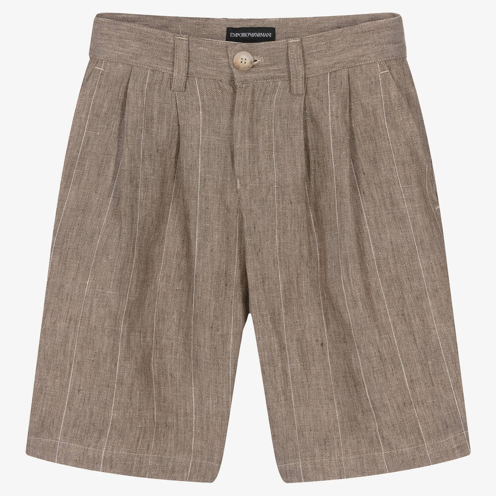 Emporio Armani - Boys Beige Striped Linen Shorts | Childrensalon