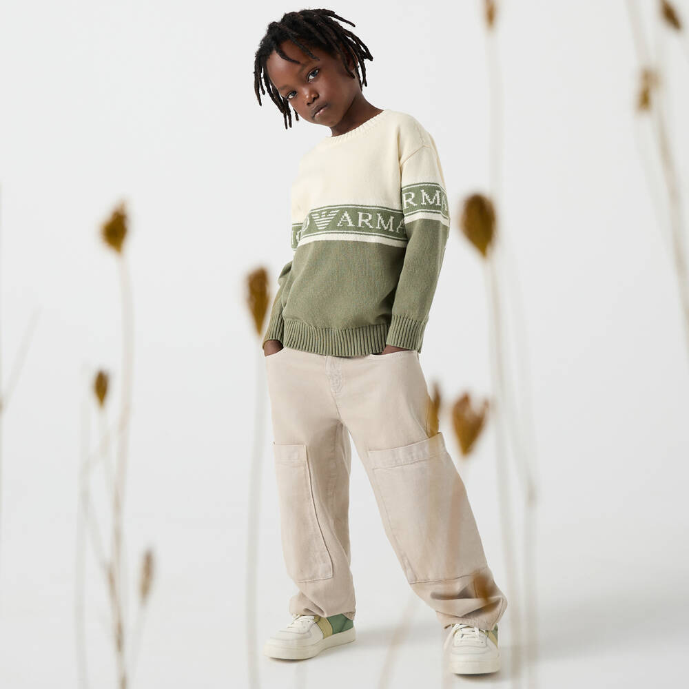 Emporio Armani-بنطلون كارغو قطن تويل لون بيج للأولاد | Childrensalon Outlet