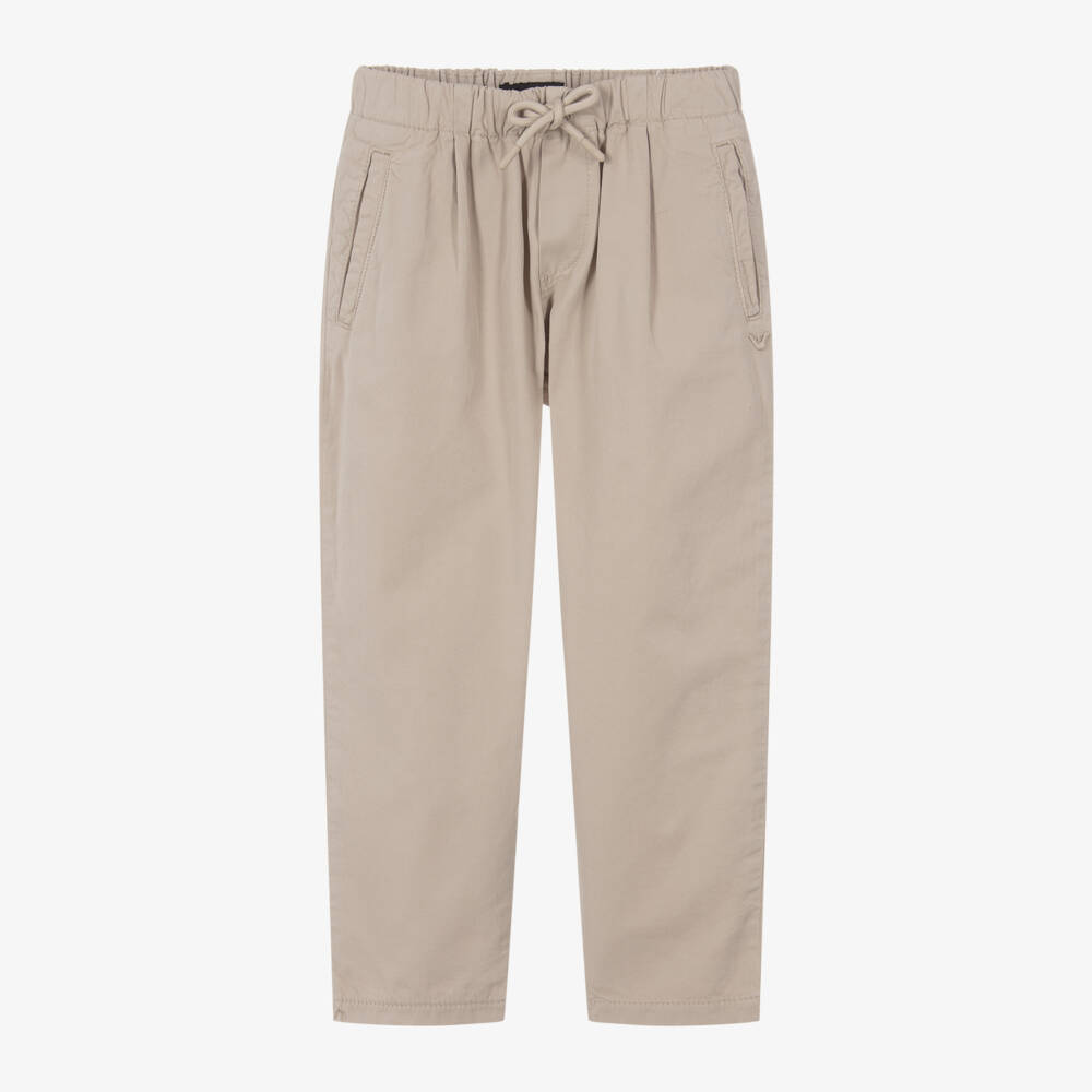 Emporio Armani-Boys Beige Twill Trousers | Childrensalon Outlet