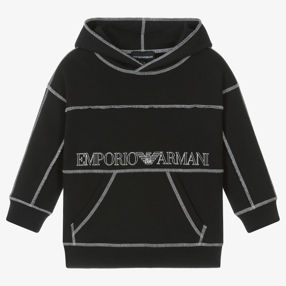 Emporio Armani - Sweat à capuche noir en coton | Childrensalon