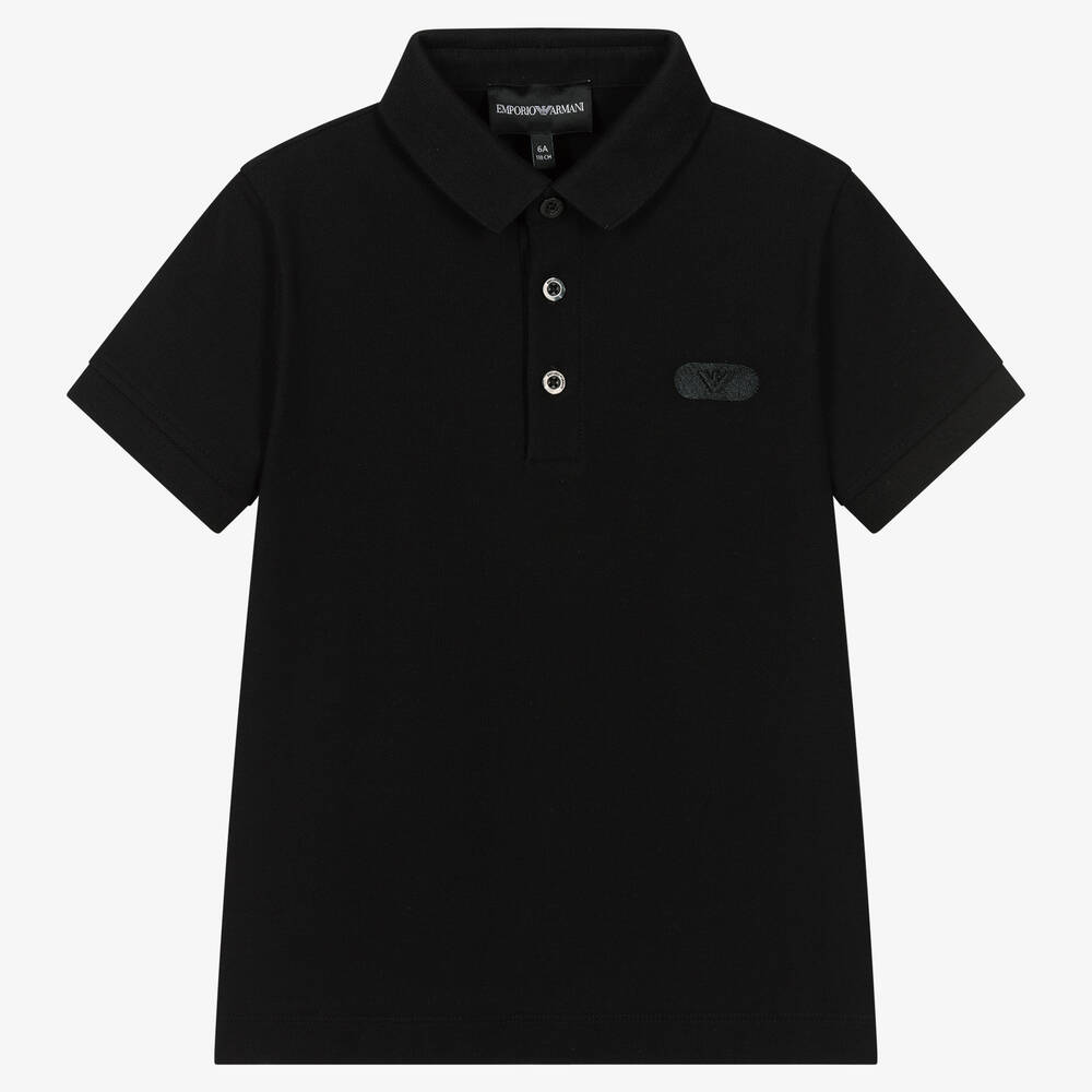 Emporio Armani - Boys Black Cotton Polo Shirt | Childrensalon