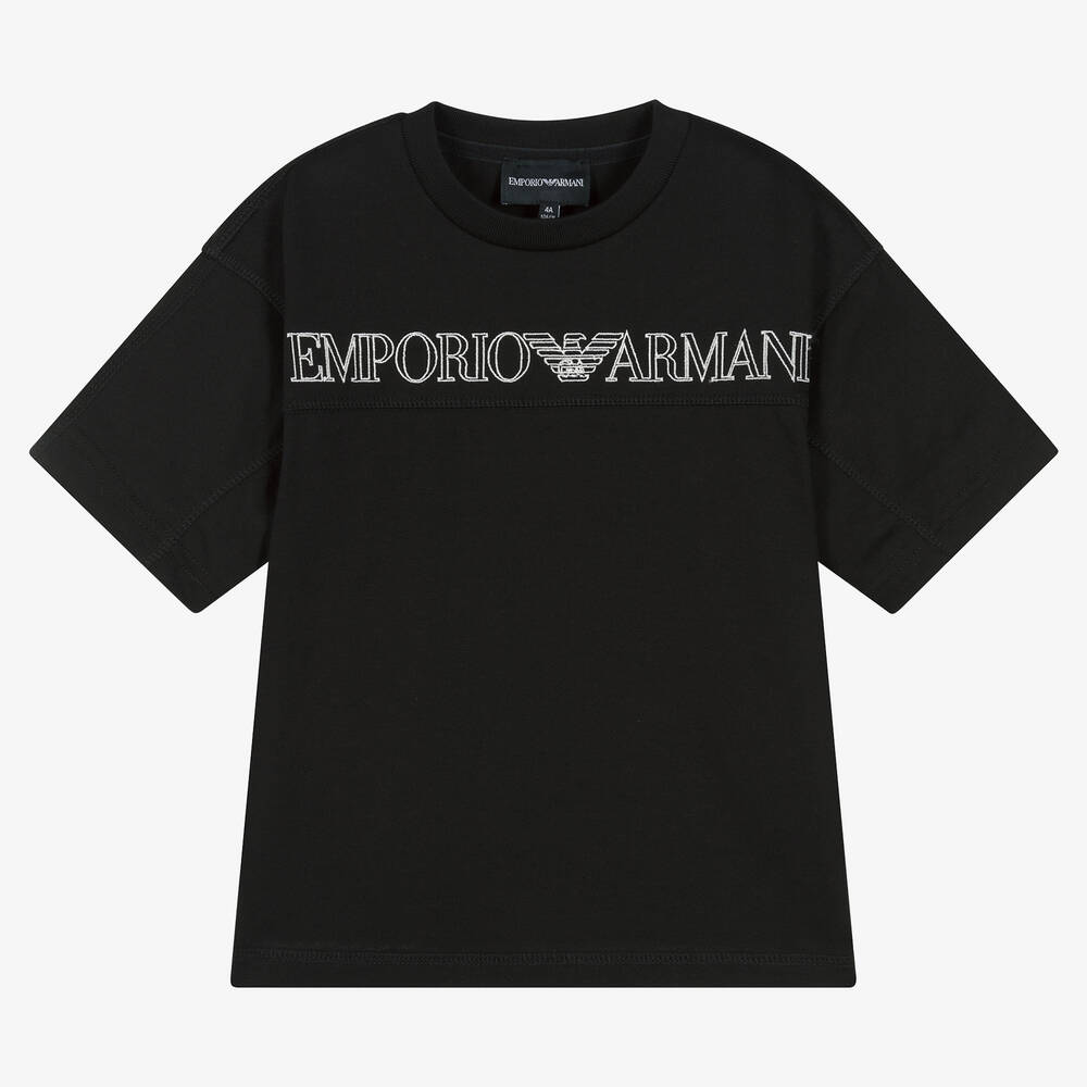 Emporio Armani - Boys Black Cotton T-Shirt | Childrensalon