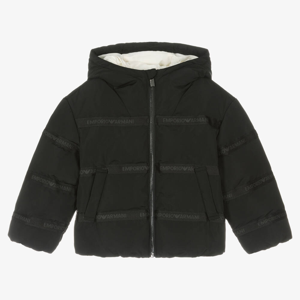 Emporio Armani - Boys Black Hooded Puffer Jacket | Childrensalon