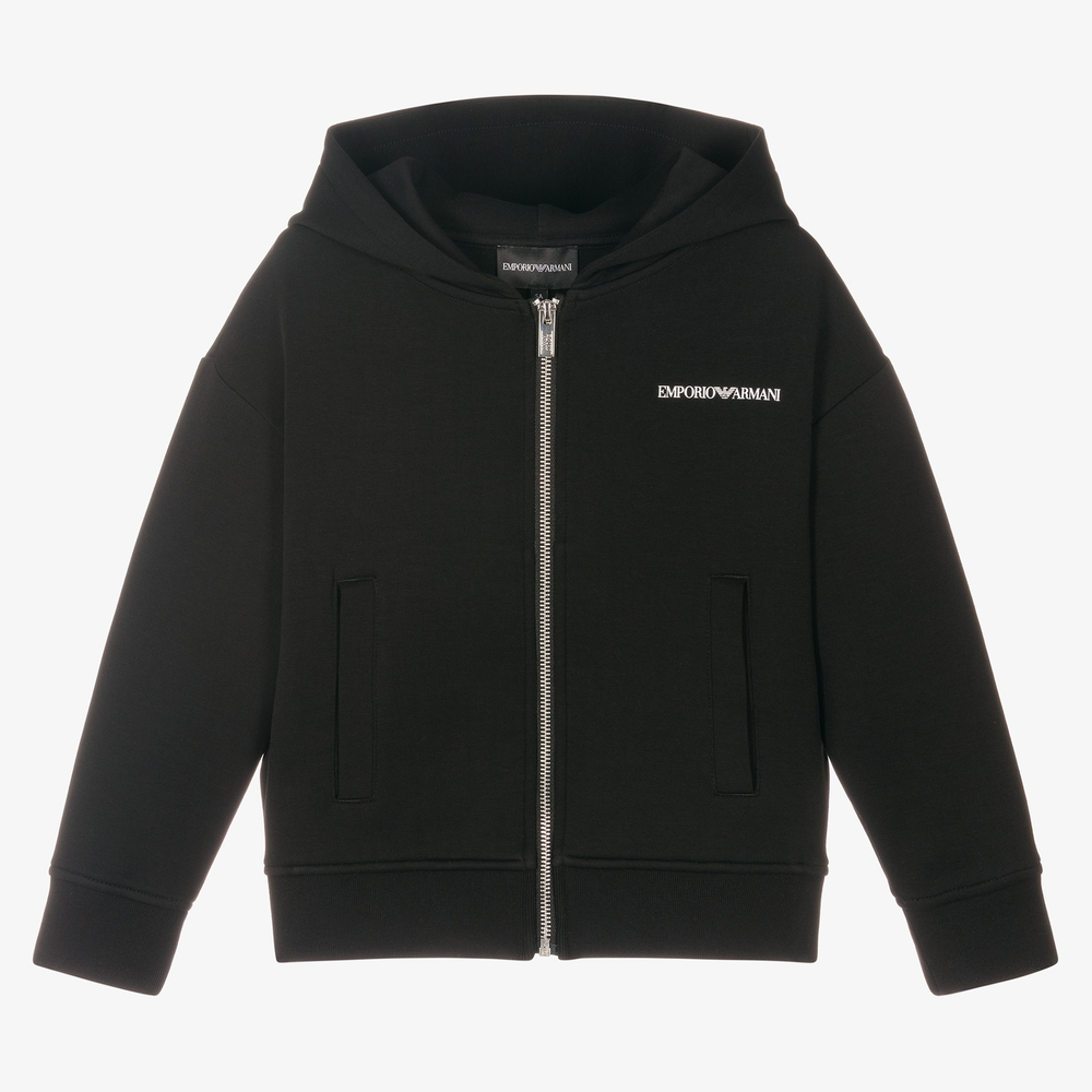 Emporio Armani - Boys Black Hooded Zip-Up Top | Childrensalon