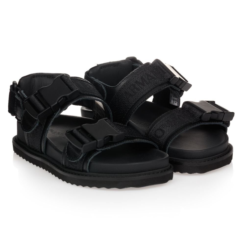 Emporio Armani - Boys Black Leather Sandals | Childrensalon