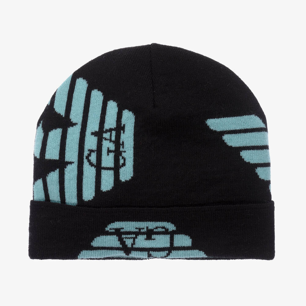 Emporio Armani - Boys Black Wool Knit Eagle Beanie Hat | Childrensalon