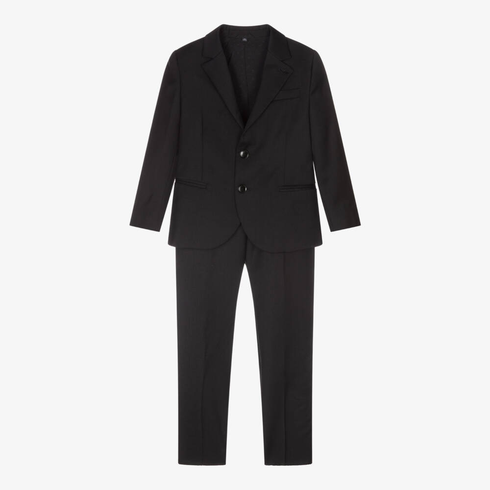 Emporio Armani-Boys Black Wool Single-Breasted Suit | Childrensalon Outlet