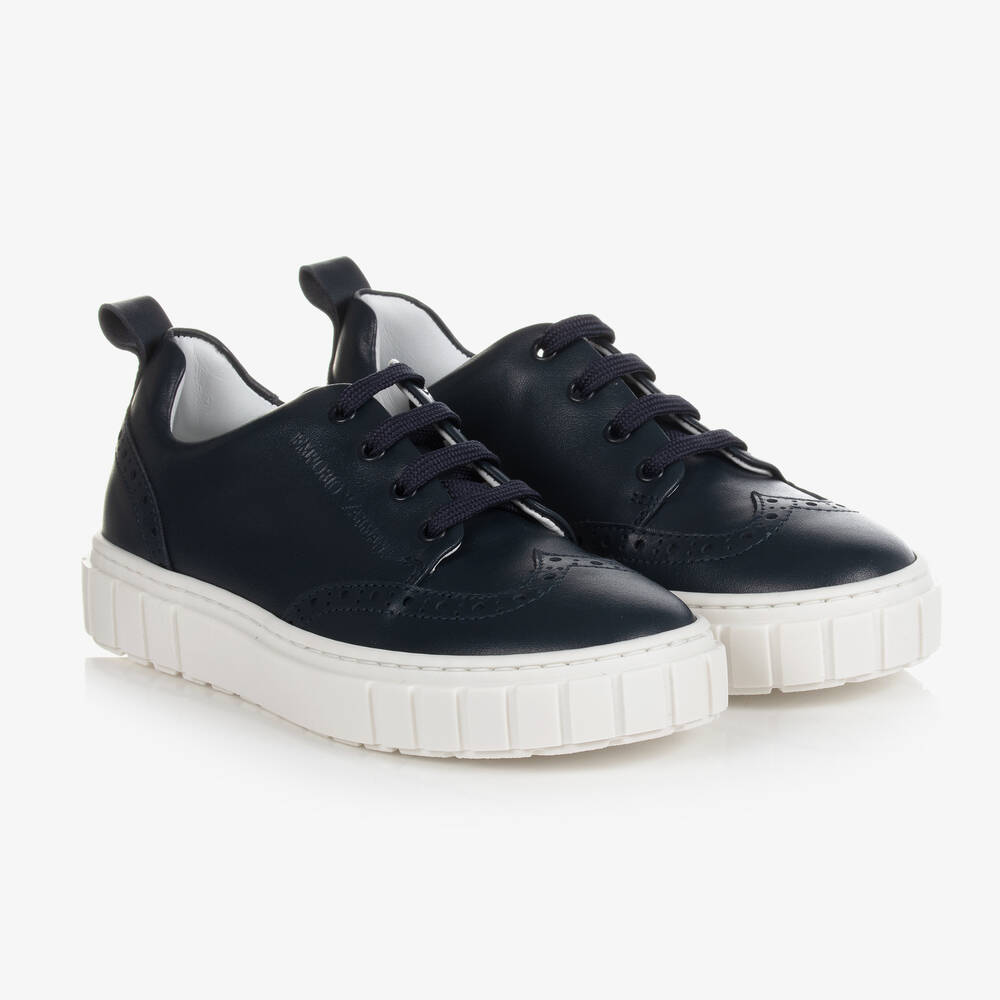 Emporio Armani - Boys Blue Brogue Leather Trainers | Childrensalon