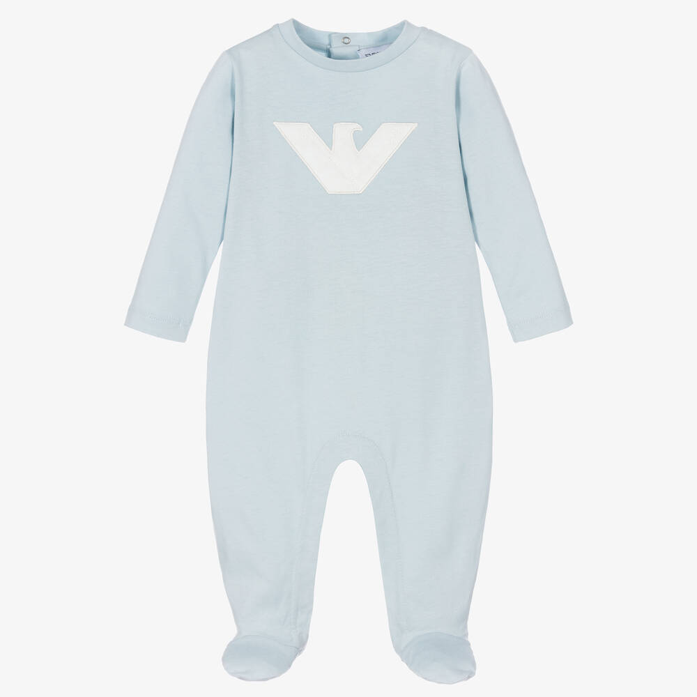 Emporio Armani - Boys Blue Cotton Babygrow | Childrensalon