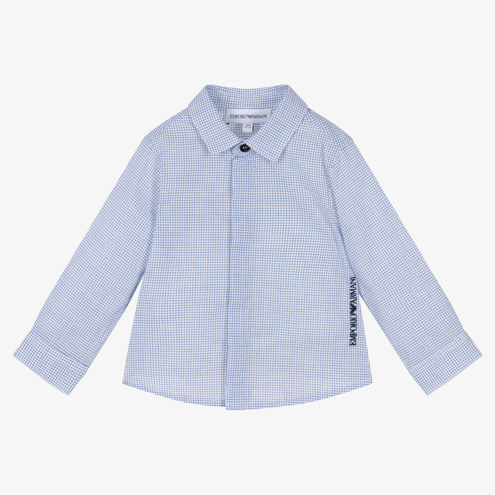 Emporio Armani - قميص أطفال ولادي قطن كاروهات لون أزرق وأبيض | Childrensalon