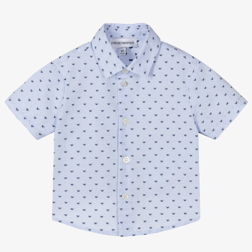 Emporio Armani-قميص أطفال ولادي قطن بوبلين لون أزرق فاتح | Childrensalon Outlet
