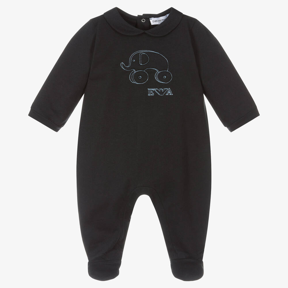 Emporio Armani - Boys Blue Cotton Elephant Babygrow | Childrensalon