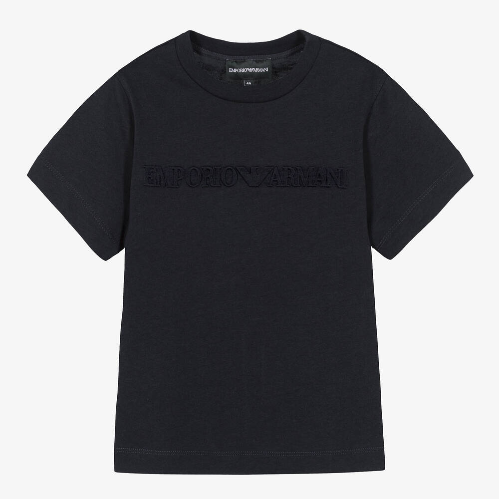 Emporio Armani - Boys Blue Cotton Embossed Logo T-Shirt | Childrensalon