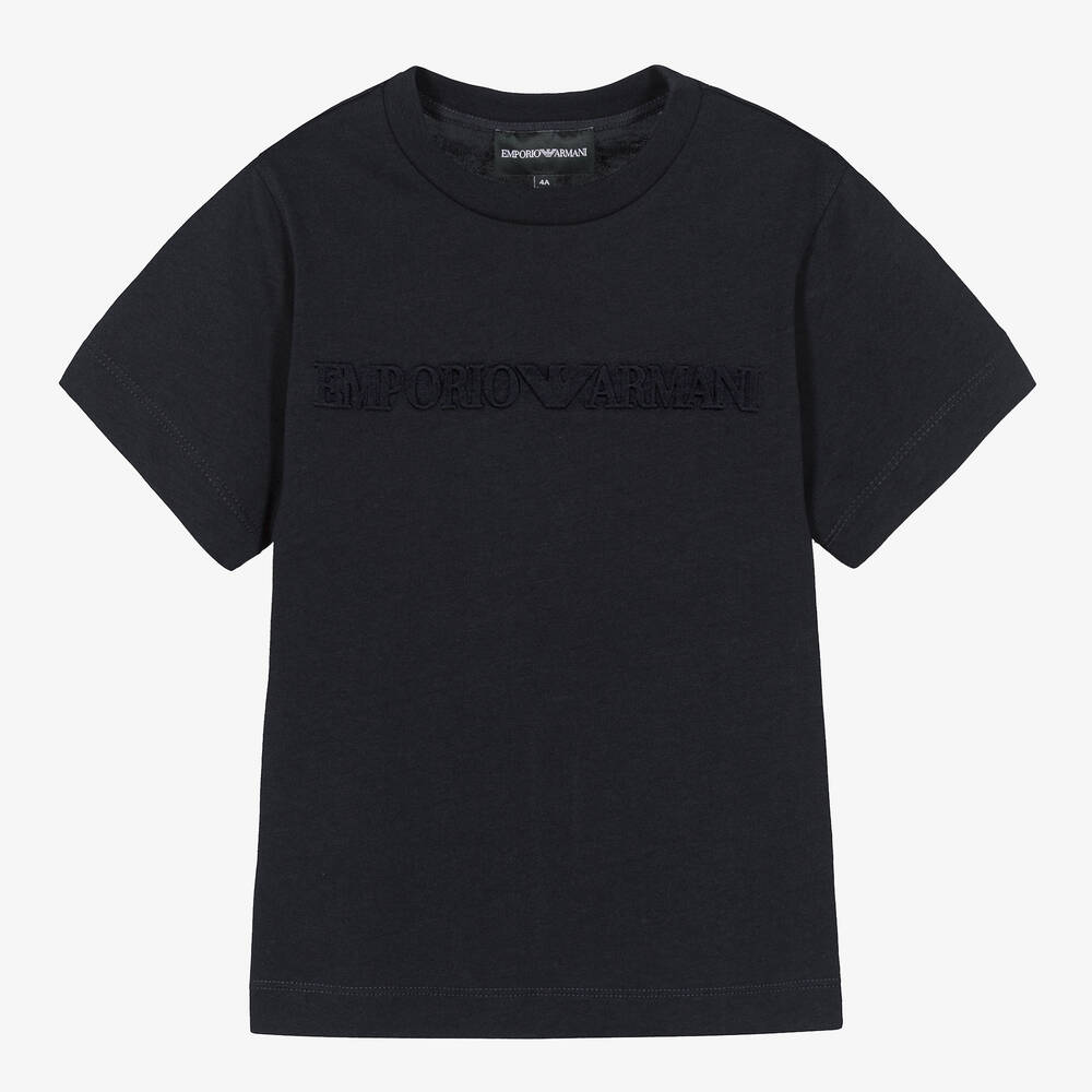 Emporio Armani-Boys Blue Cotton Embossed Logo T-Shirt | Childrensalon Outlet
