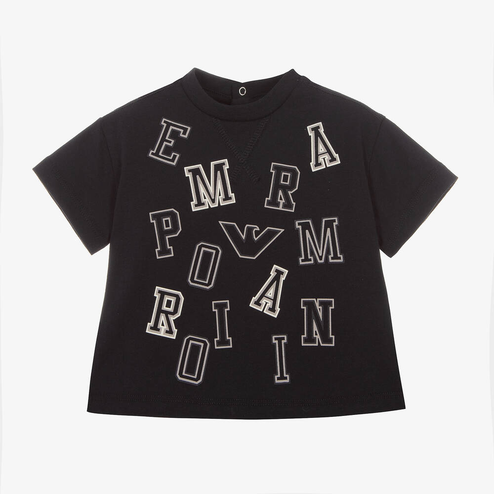Emporio Armani-Синяя хлопковая футболка с буквами для мальчиков | Childrensalon Outlet