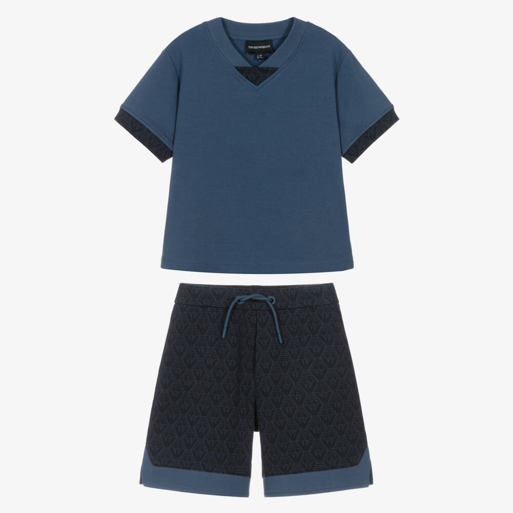 Emporio Armani-Boys Blue Cotton Logo Shorts Ensemble | Childrensalon Outlet