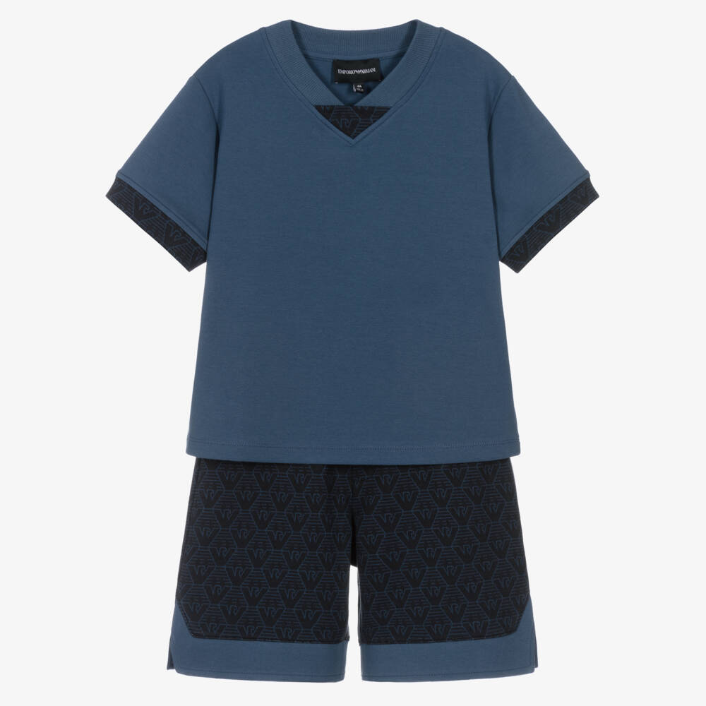Emporio Armani-Boys Blue Cotton Logo Shorts Ensemble | Childrensalon Outlet