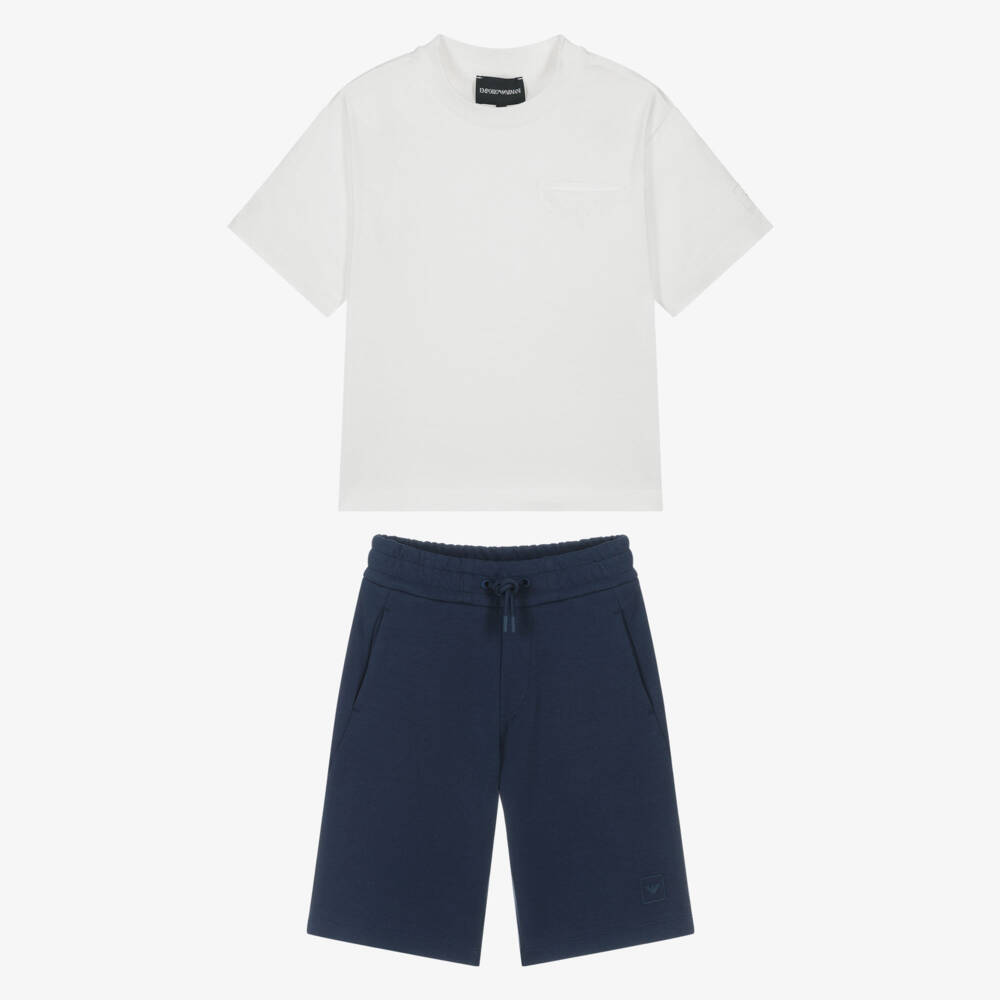 Emporio Armani-Boys Blue Cotton Logo Shorts Set | Childrensalon Outlet