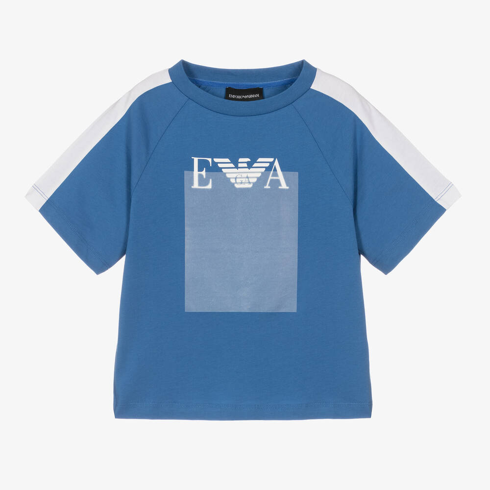 Emporio Armani - Boys Blue Cotton Logo T-Shirt | Childrensalon