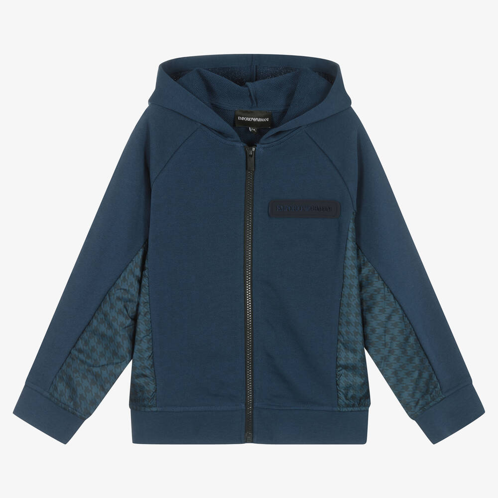 Emporio Armani - Sweat à capuche en coton bleu zippé garçon | Childrensalon