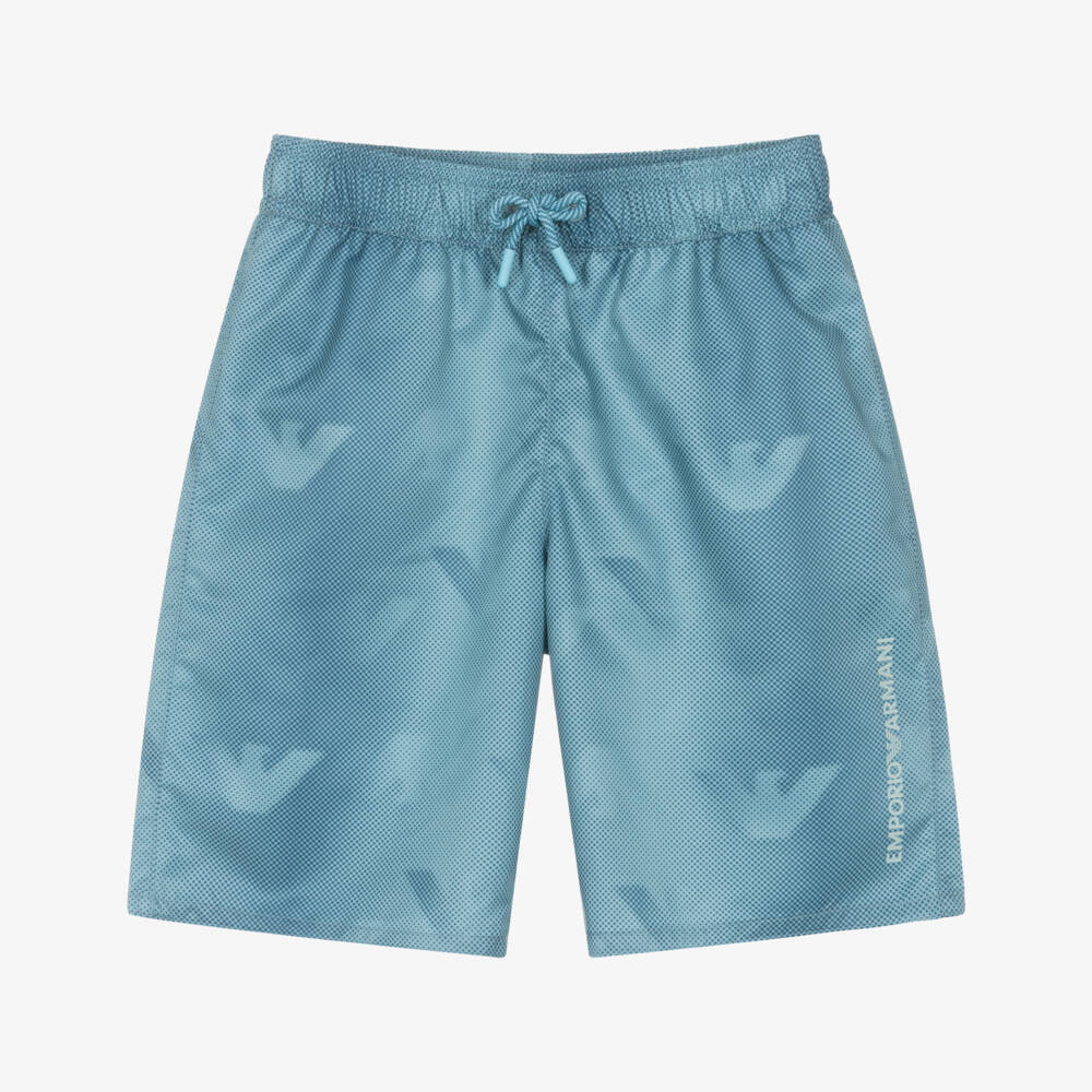 Emporio Armani-Boys Blue Geometric Logo Pattern Swim Shorts | Childrensalon Outlet
