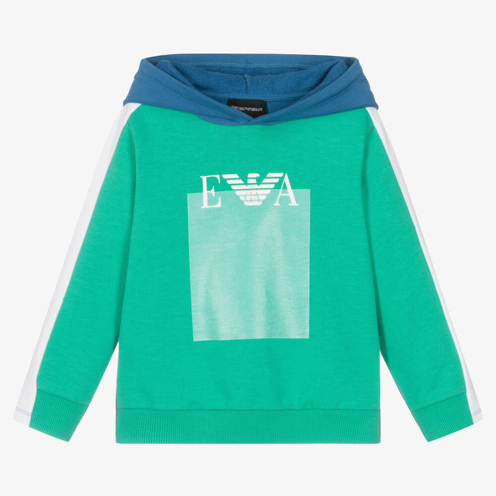 Emporio Armani - Sweat à capuche bleu et vert garçon | Childrensalon