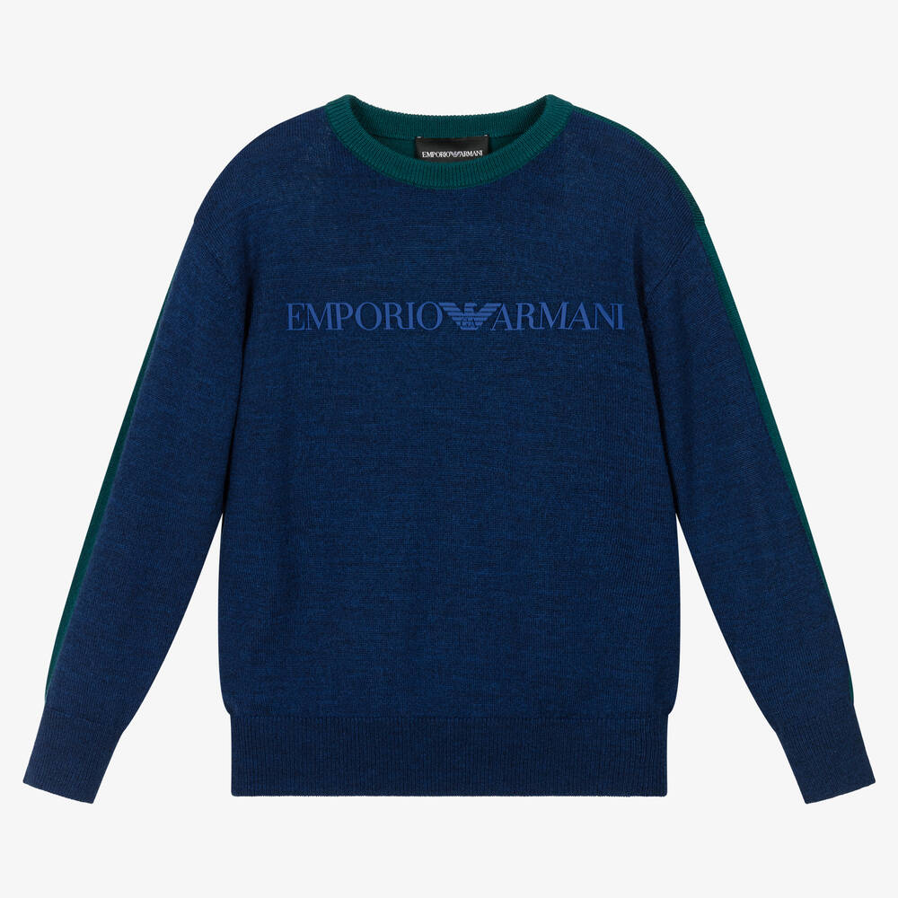 Emporio Armani - بلوفر مزيج صوف محبوك لون أزرق وأخضر للأولاد | Childrensalon