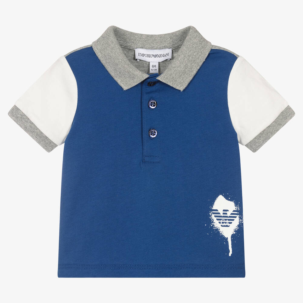 Emporio Armani - Boys Blue & Grey Colourblock Polo Shirt | Childrensalon