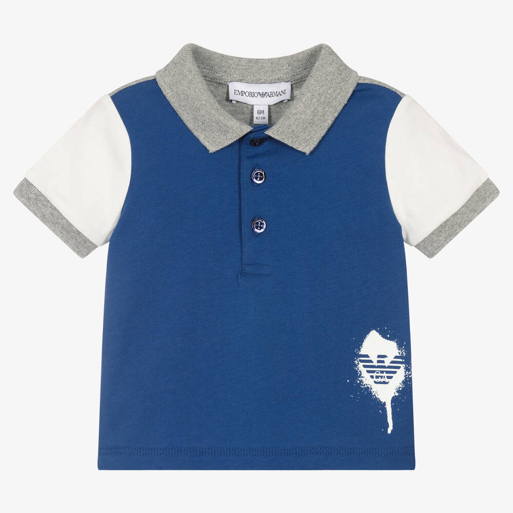 Emporio Armani Boys Blue Grey Colourblock Polo Shirt