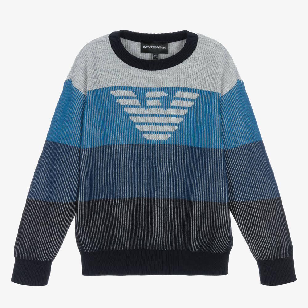 Emporio Armani - Boys Blue & Grey Stripe Cotton Jumper | Childrensalon