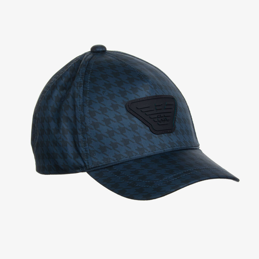 Emporio Armani - Boys Blue Houndstooth Eagle Cap | Childrensalon