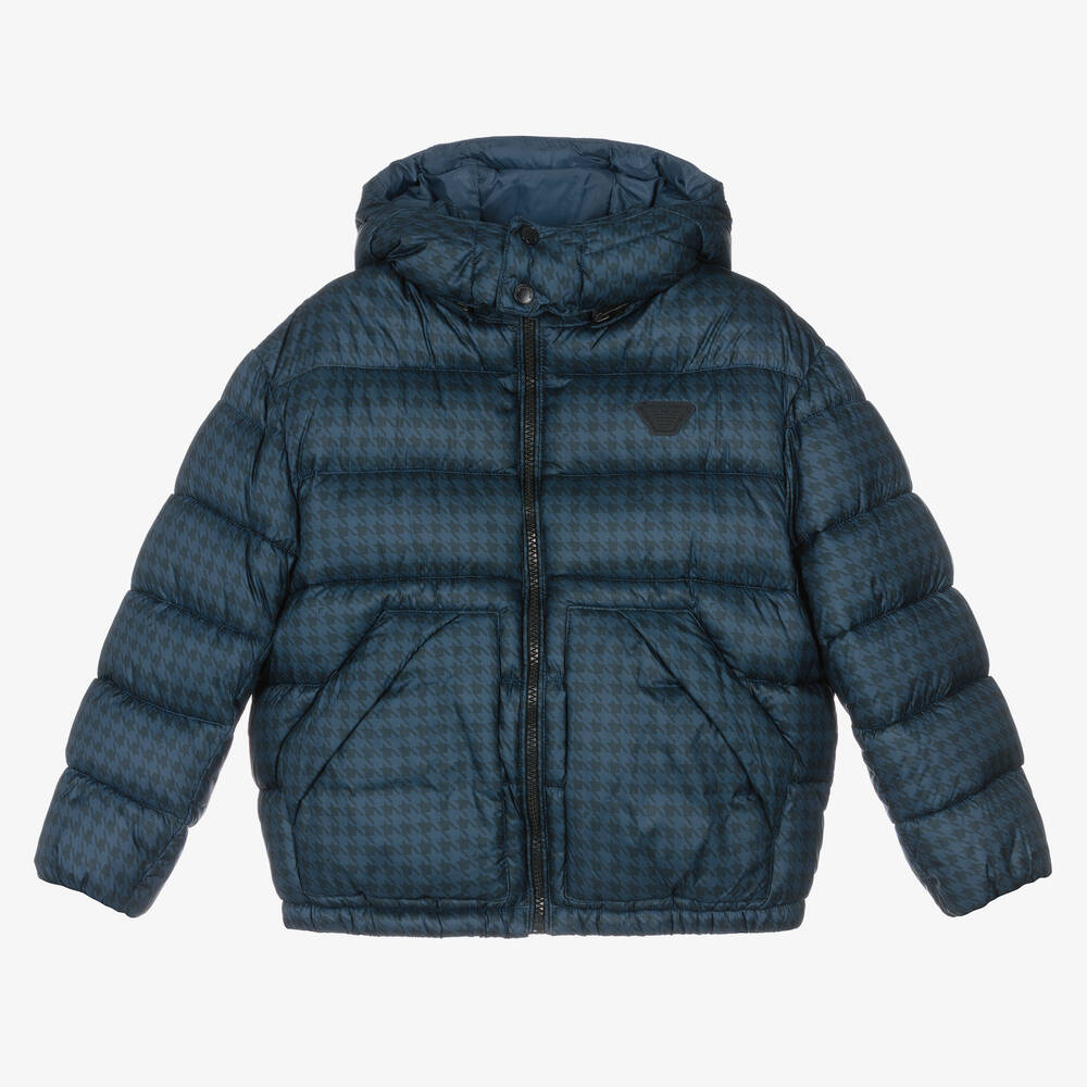 Emporio Armani - Boys Blue Houndstooth Puffer Coat | Childrensalon