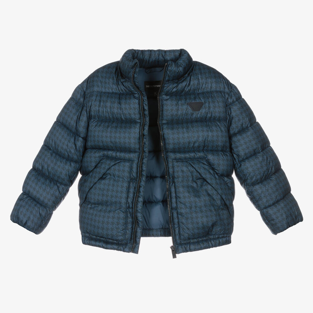 Emporio Armani Boys Blue Houndstooth Puffer Coat