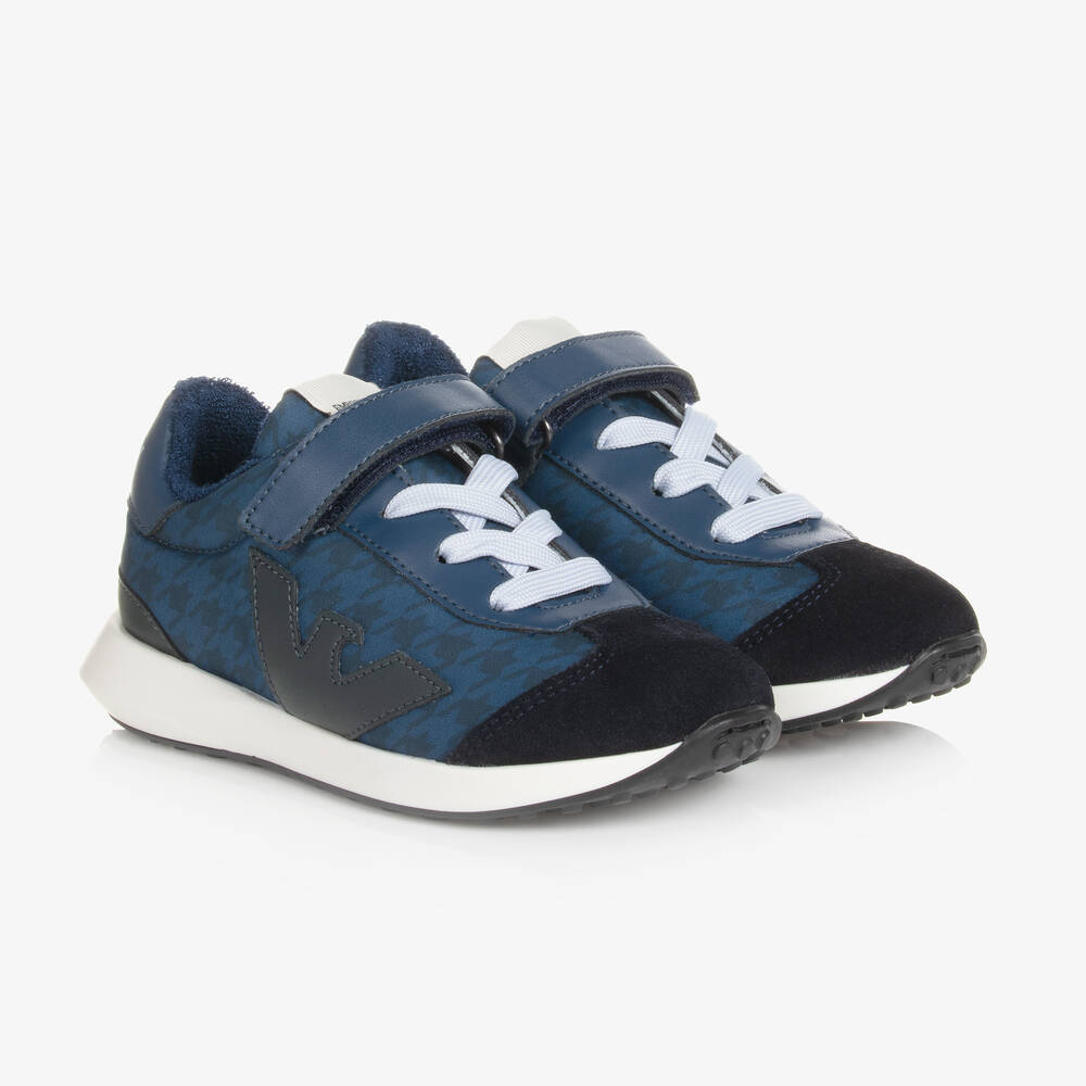 Emporio Armani - Boys Blue Houndstooth Velcro Trainers | Childrensalon