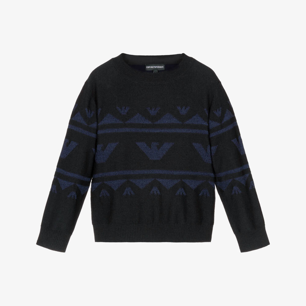 Emporio Armani-Boys Blue Jacquard Knit Sweater with Eagle Logos | Childrensalon Outlet