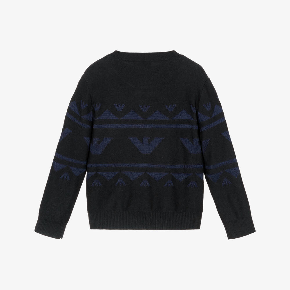 Emporio Armani-Boys Blue Jacquard Knit Sweater with Eagle Logos | Childrensalon Outlet