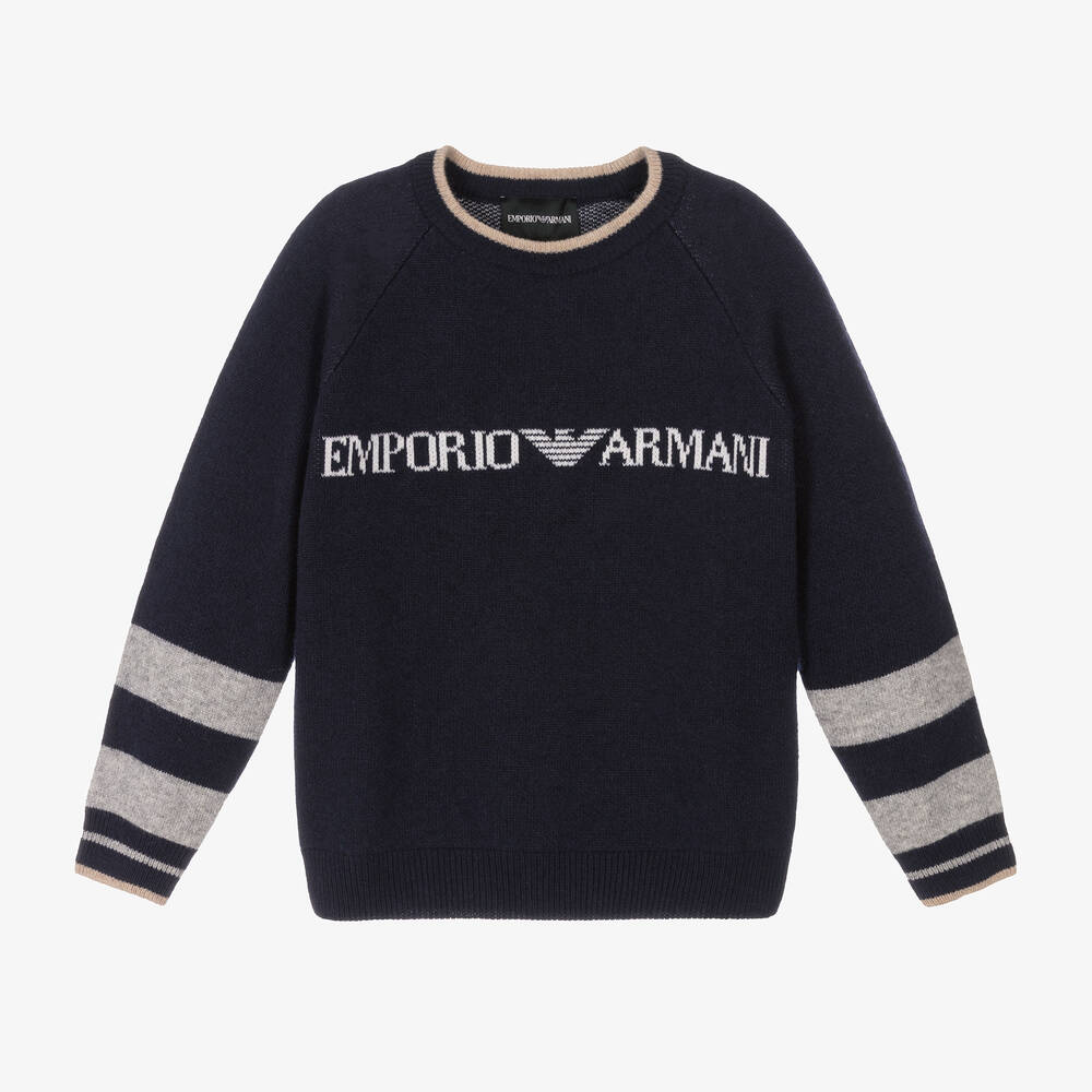 Emporio Armani - كنزة مزيج قطن وفيسكوز محبوك لون كحلي للأولاد | Childrensalon