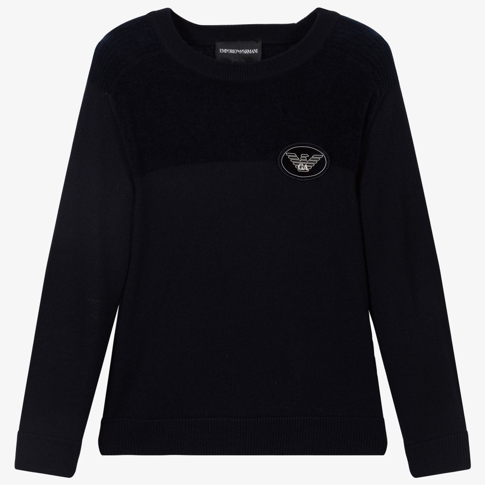 Emporio Armani - Pull bleu en maille de laine | Childrensalon