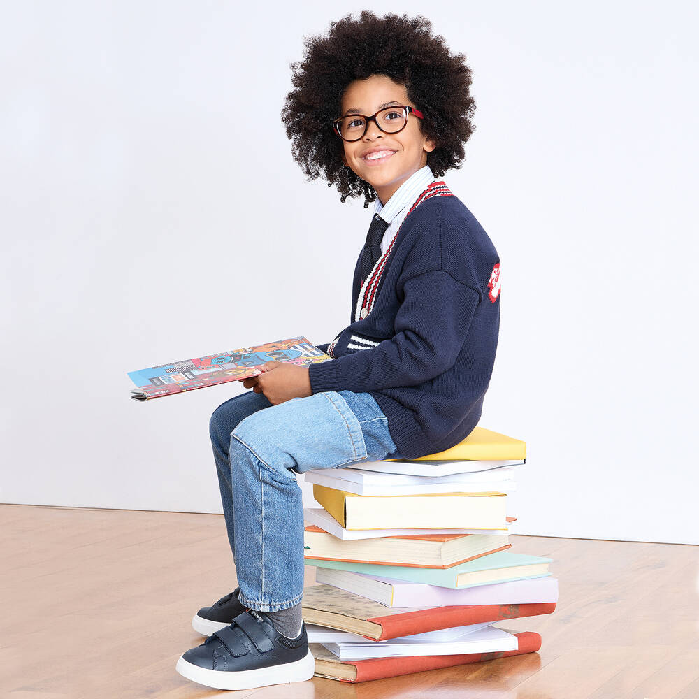 Emporio Armani-Boys Blue Leather Eagle Logo Trainers | Childrensalon Outlet