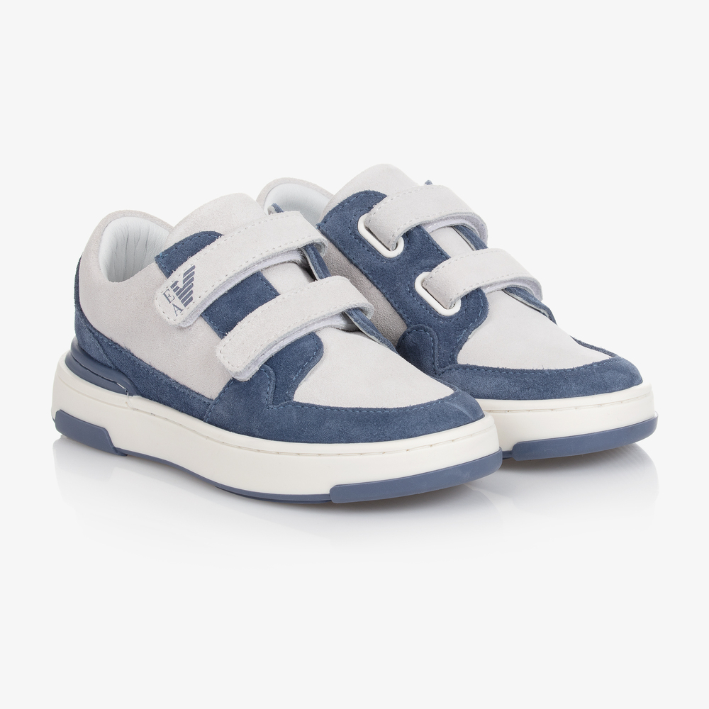 Emporio Armani - Boys Blue Leather Trainers | Childrensalon