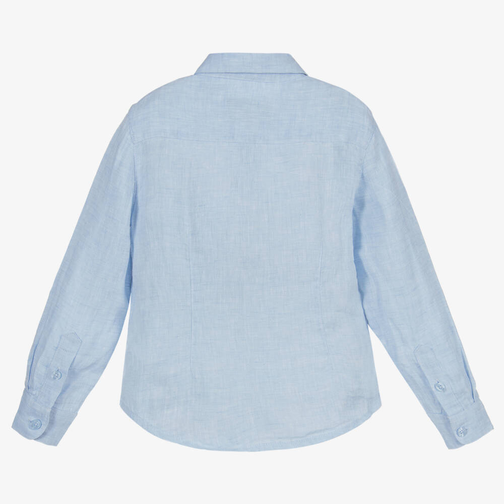 Emporio Armani-Boys Blue Linen Logo Shirt | Childrensalon Outlet